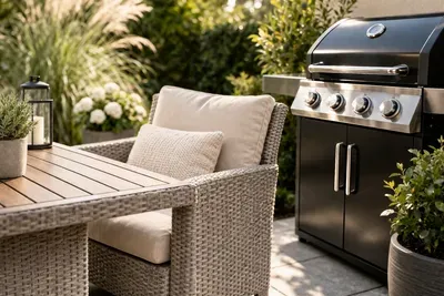 Saubere Gartenmöbel und Grill im Außenbereich